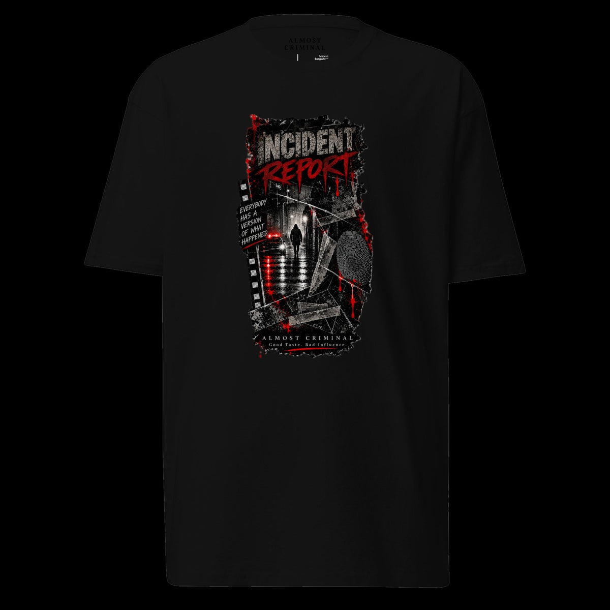 Almost Criminal Incident Report Tee on black background